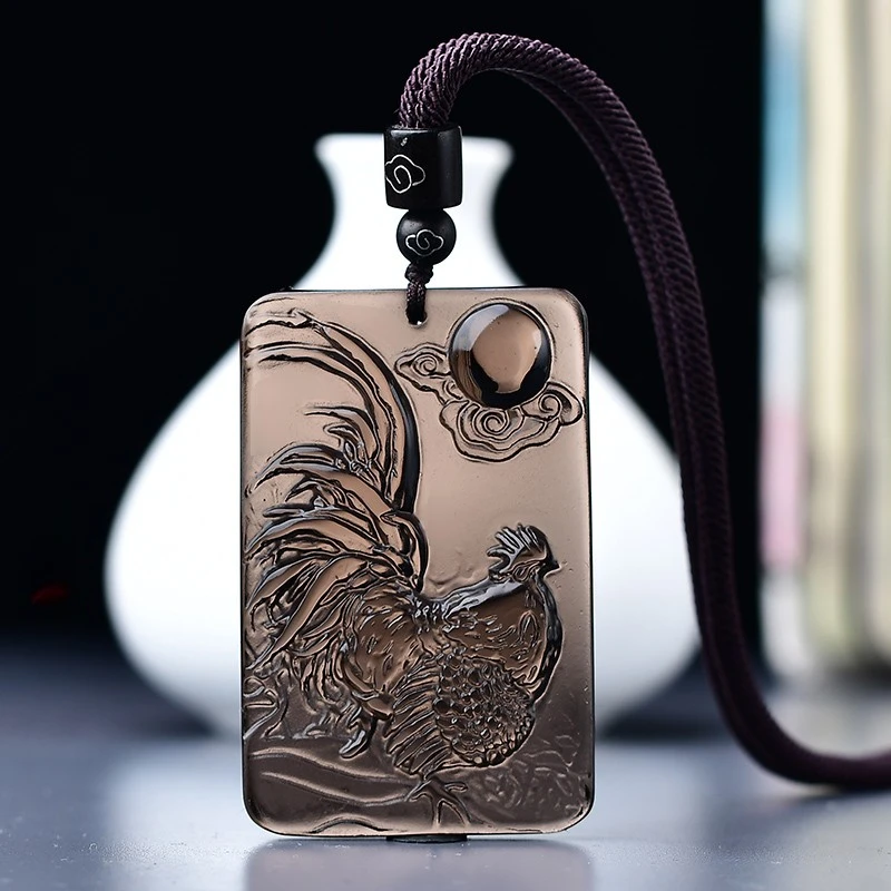 天然冰种黑曜石方牌素款鸡吊坠女民族风秋冬项链男士玉佩挂件饰品