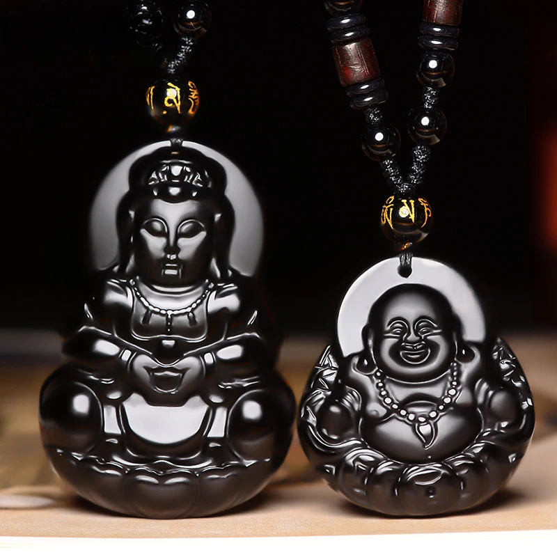 天然黑曜石观音弥勒佛吊坠男女款情侣挂件男士菩萨项链守护神项坠