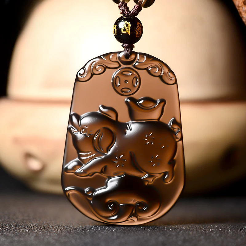 天然冰种黑曜石十二生肖吊坠吉祥物项链男女本命年中国风曜石挂件