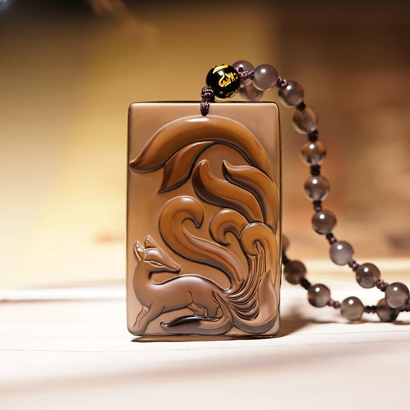 冰种黑曜石九尾狐吊坠黑曜石秋冬项链饰品项坠挂件女生日礼物精雕