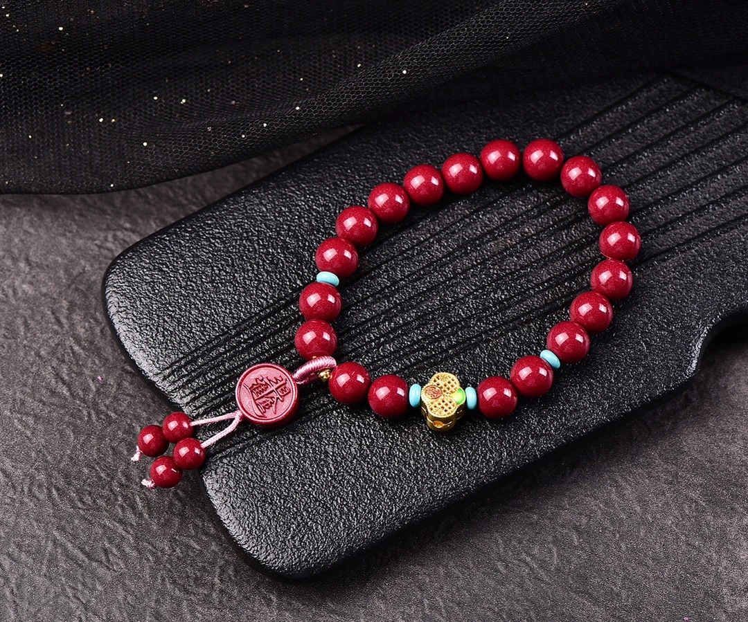 含辰砂工艺品朱砂紫金砂圆珠搭配日进斗金牌单圈手链手串女款转运