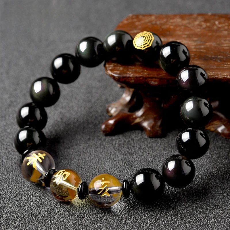 天然黑曜石三合贵人生肖手链猪兔羊饰品生肖佩戴吉祥物黑曜石手串