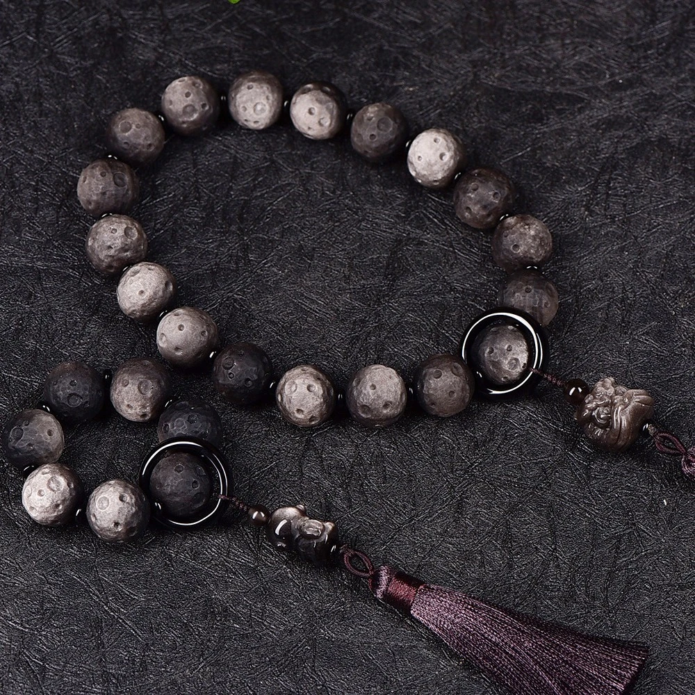 天然银曜石星球珠太空人醒狮手持十八子念珠网红同款黑曜石流苏