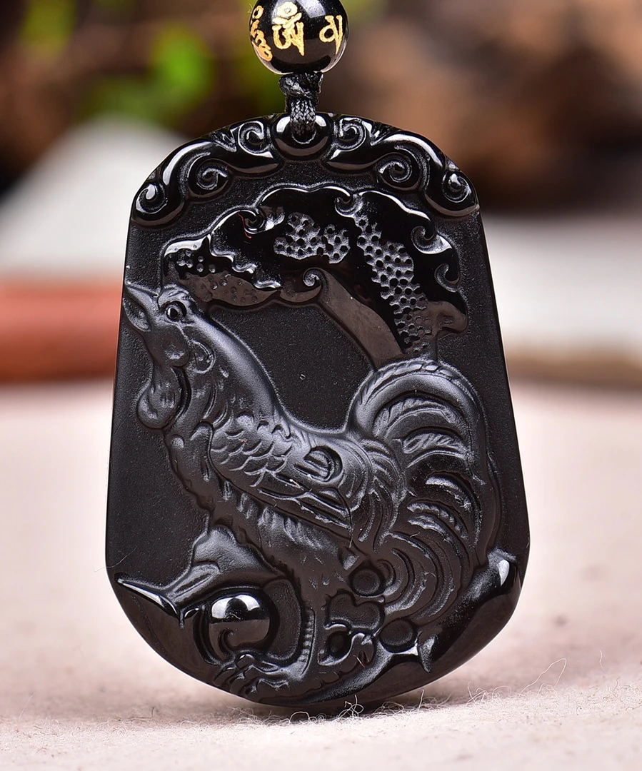 天然黑曜石生肖鸡吊坠项链挂饰十二生肖男女护身纳福饰品中国风