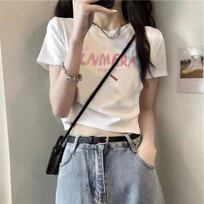 短袖美式高街白色纯棉字母T恤女夏季新款小个子修身正肩短款上衣