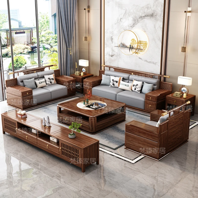 新中式全实木沙发组合乌金木大户型现代轻奢别墅高端客厅木质家具