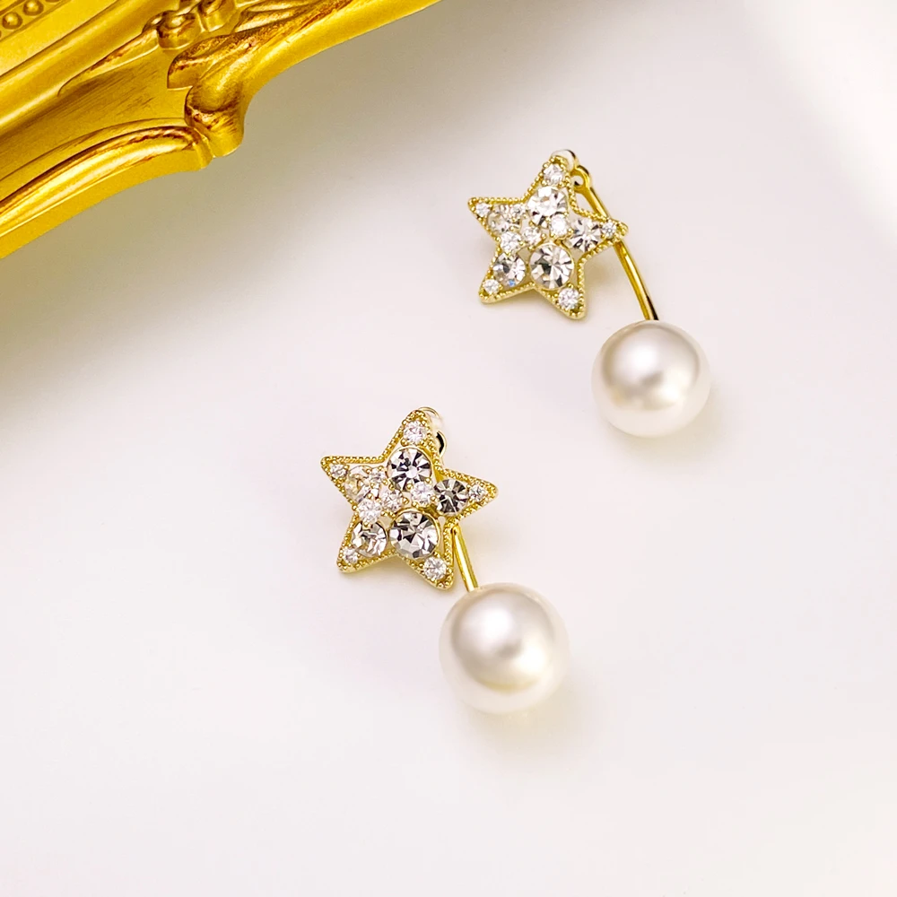 铜合金耳饰 两戴款星星珠珠吊坠耳钉轻奢时尚气质百搭耳环-A049