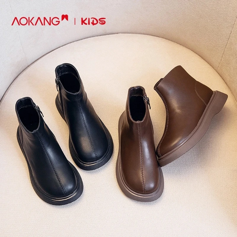 奥康女童短靴马丁靴秋冬儿童加绒雪地靴宝宝真皮棉鞋二棉公主单靴