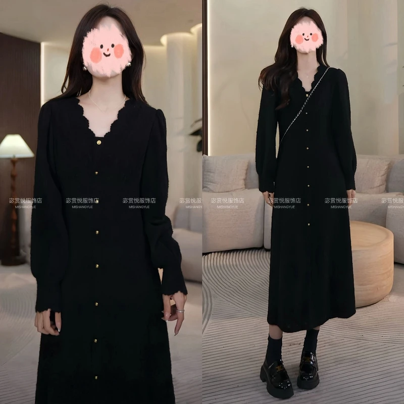 2024新款女款独特气质服装高级女装轻奢气质黑色长款连衣裙秋冬