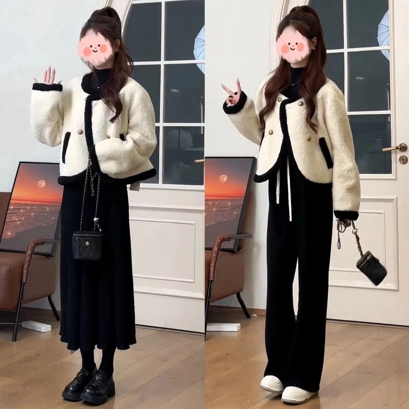 时尚洋气小香风短款加厚外套半身裙两件套冬季新款网红套装气质女