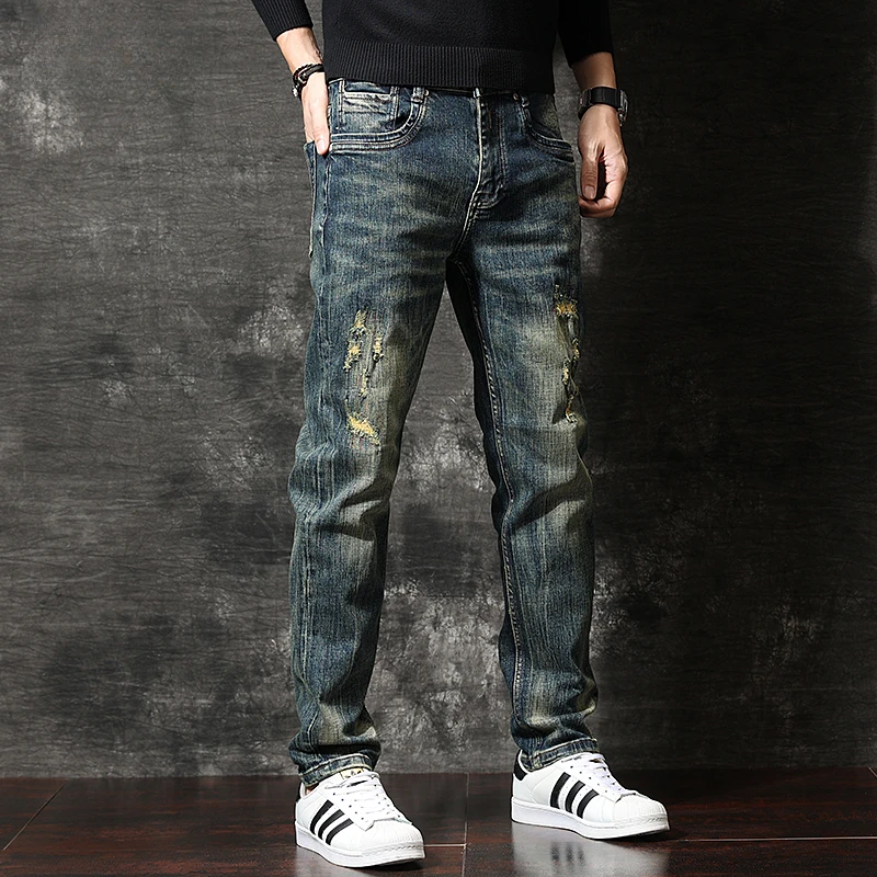 春秋季高端复古蓝水洗百搭牛仔长裤男时尚潮牌破洞男款牛仔裤子男