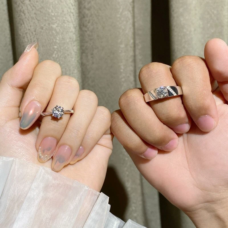 925银莫桑石戒指 【携手一生情侣戒】D色莫桑钻结婚定制情侣钻戒