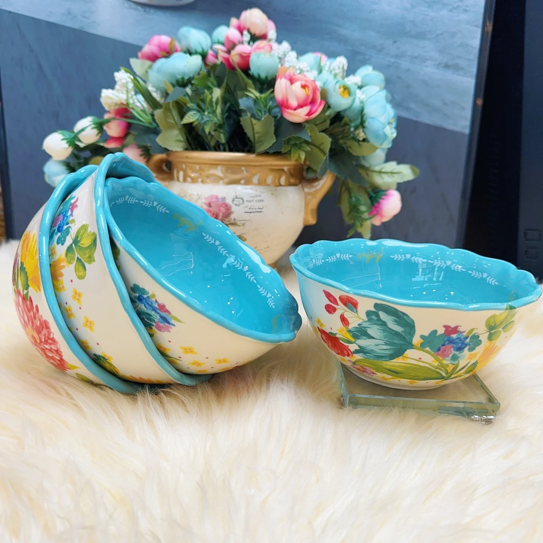 【佰食果专属】阿勒玛 【百花齐放】手绘5.5寸碗加厚防烫陶瓷4个