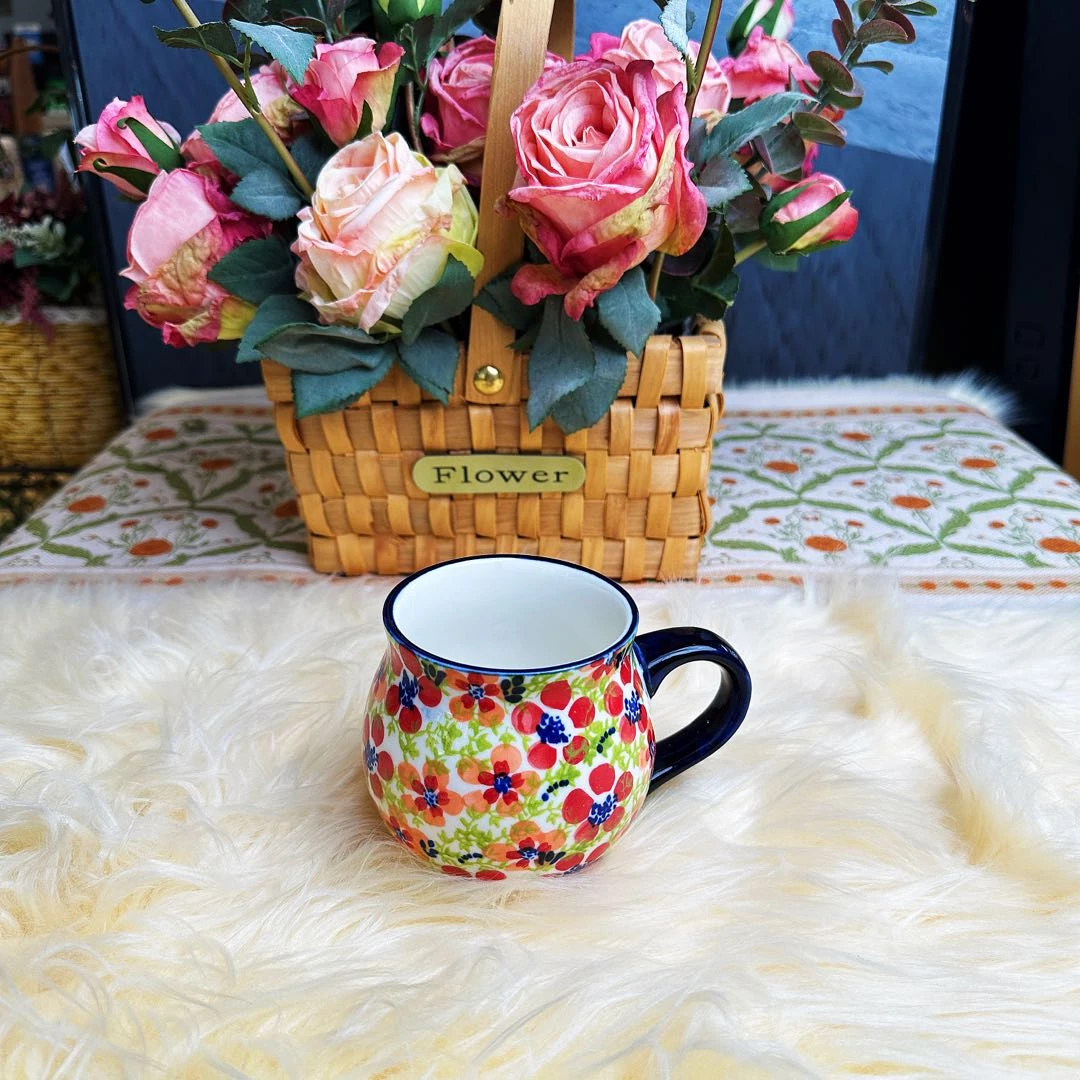 新疆包邮 A380ml【百花纷红】大肚杯耐磨家用陶瓷手绘水杯