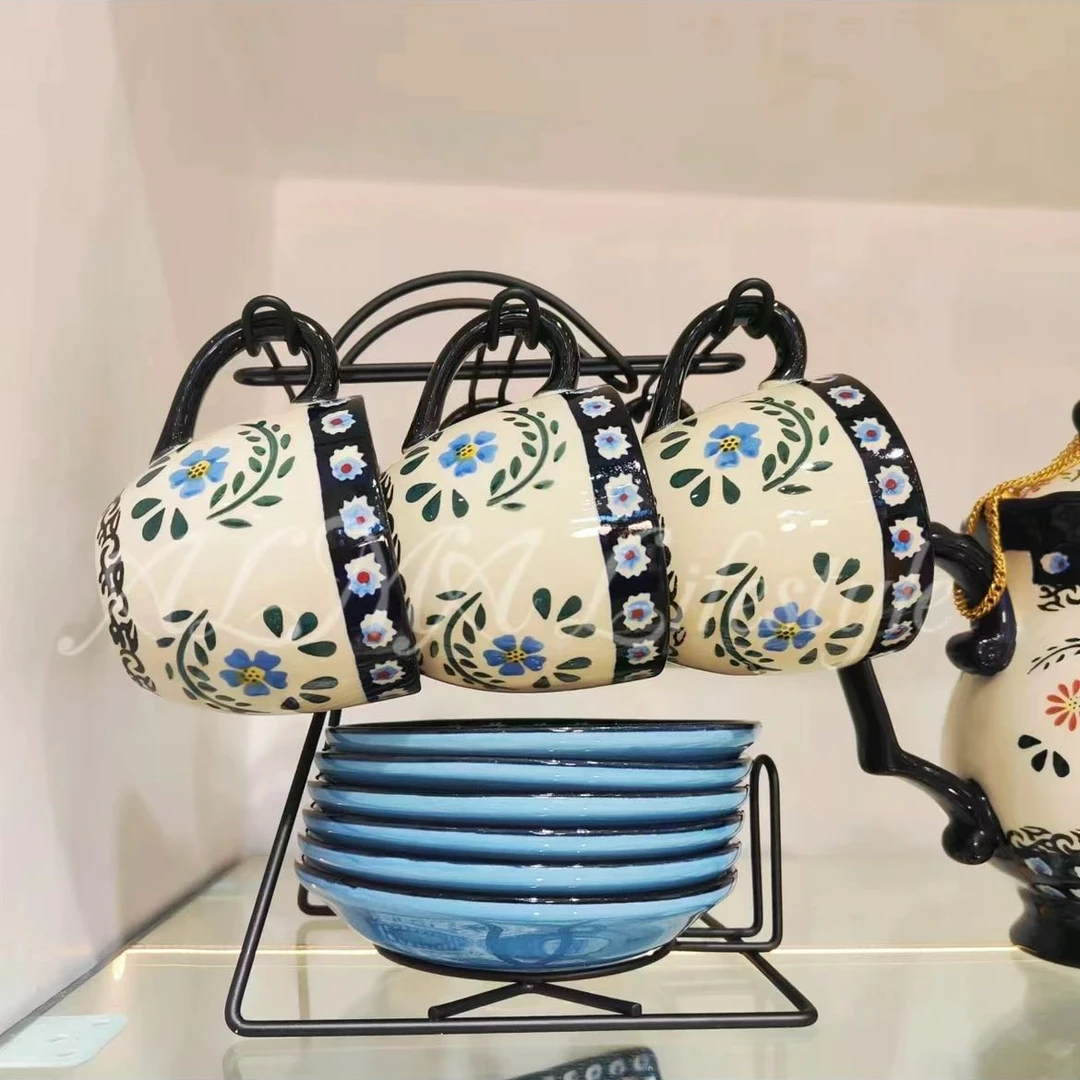 阿勒玛新疆包邮【墨玉6杯6碟】手绘水具加厚防烫耐磨不带茶壶