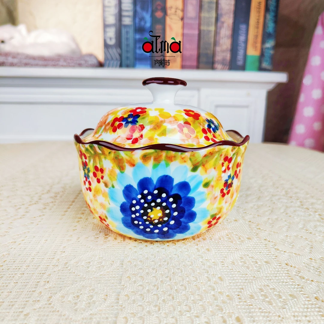 阿勒玛新疆包邮【莫奈花园蓝】家用手绘釉下彩欧式4.5寸带盖炖盅