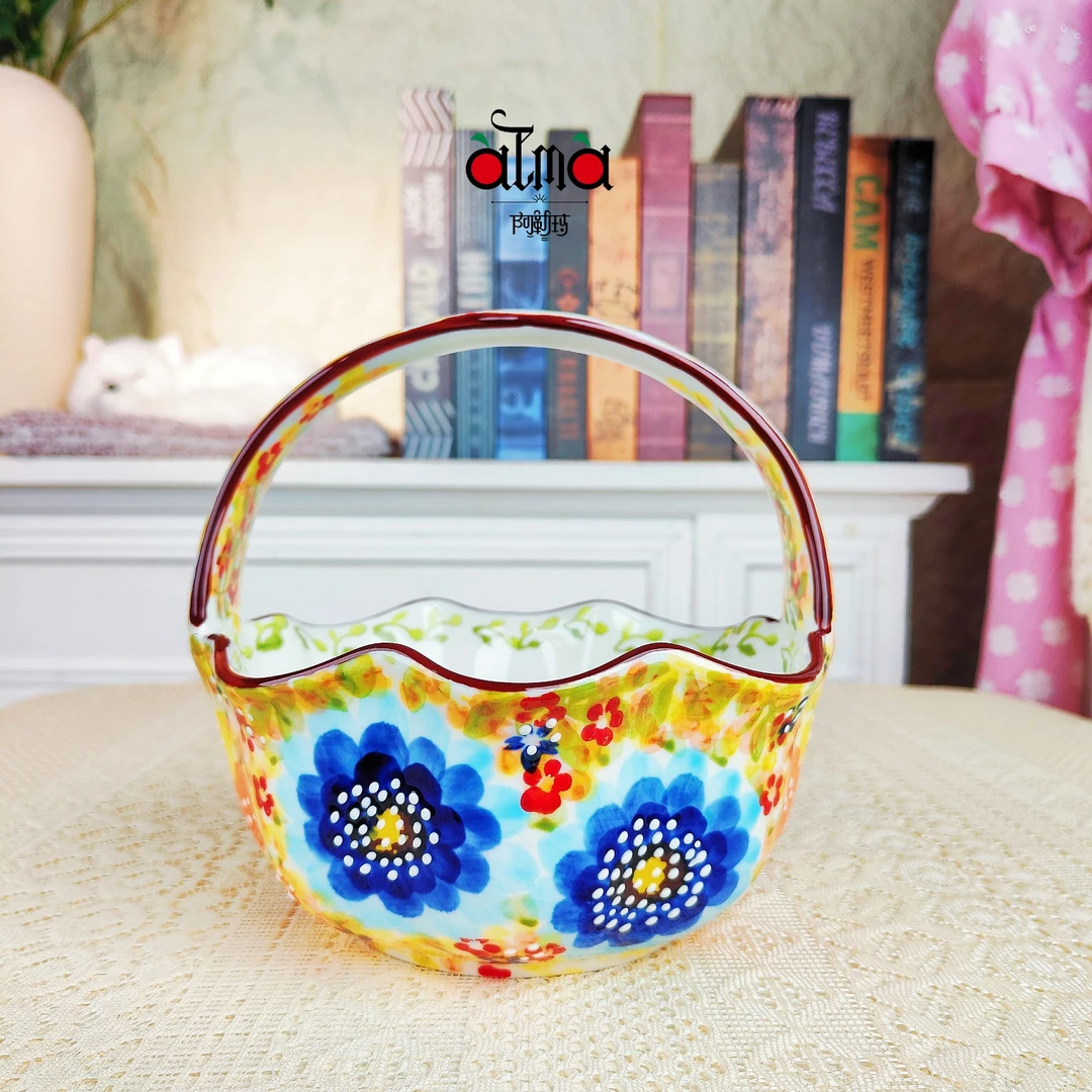 新疆包邮【莫奈花园波浪果篮】手绘轻奢陶瓷复古带手提陶瓷果篮