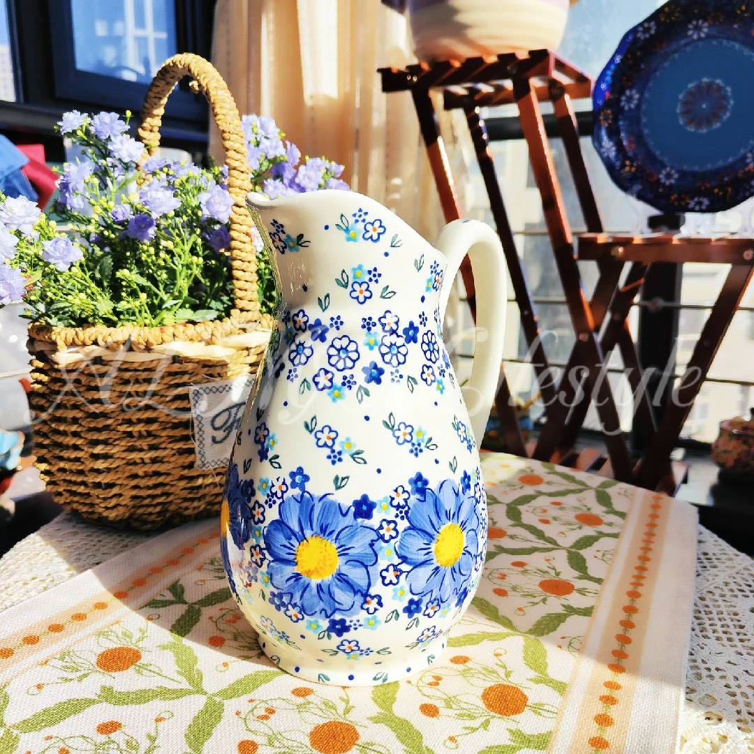 新疆包邮【勿忘我】家用手绘釉下彩欧式1800ML水壶陶瓷