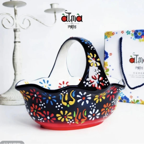 阿勒玛新疆包邮【蓝贵夫人红椭圆水果篮】手绘复古带手提陶瓷果篮