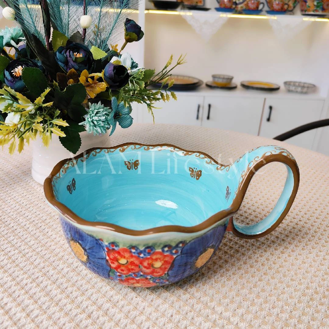 新疆包邮【琉璃蓝】家用手绘釉下彩欧式9寸曲把碗