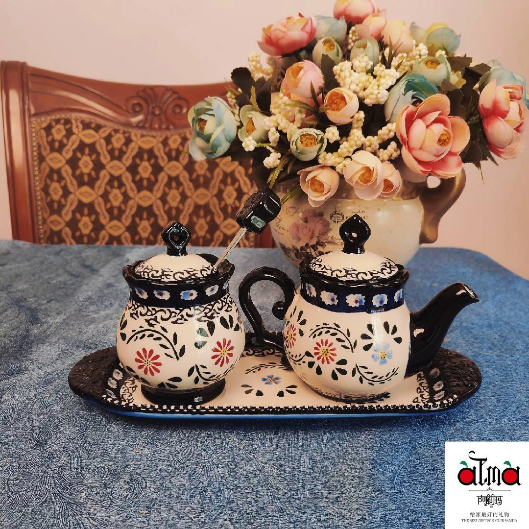 阿勒玛 新疆包邮【墨玉】手绘调料罐套3装醋罐辣子罐轻奢欧式