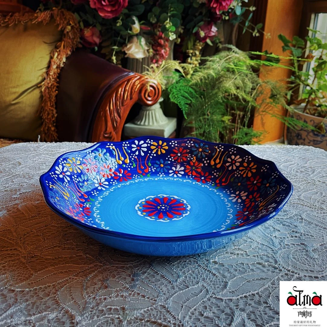 阿勒玛 新疆包邮 【蓝贵夫人】手绘复古12寸加厚陶中盘鸡辣子鸡盘