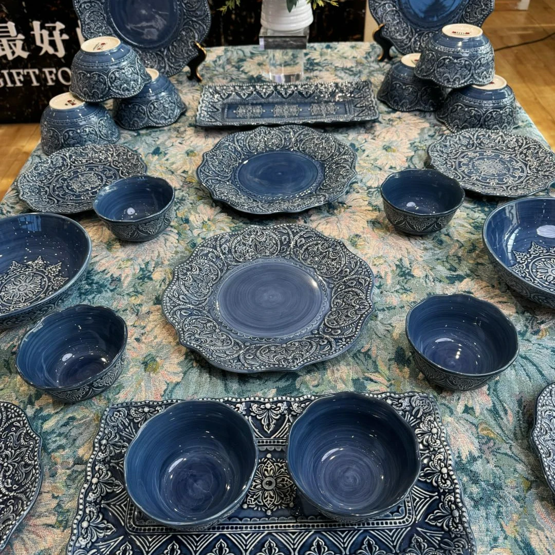 阿勒玛巴洛克浮雕复古碗碟盘套装防烫乔迁餐具套装