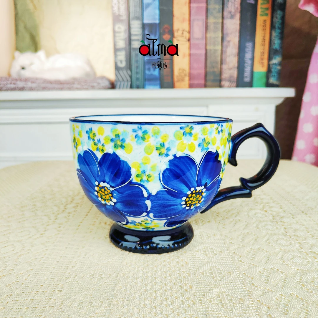 马姐专属 阿勒玛【琉璃蓝】手绘盘防烫耐磨加厚680ML早餐杯家用