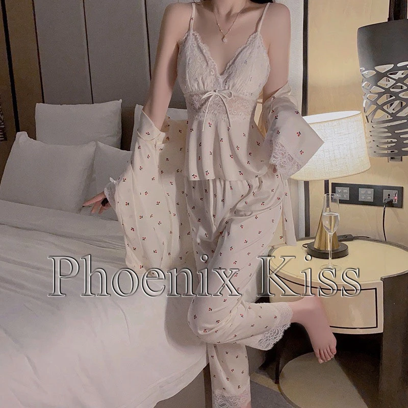甜美樱桃印花缎面蕾丝睡衣加胸垫深v诱惑垫带长裤家居服套装