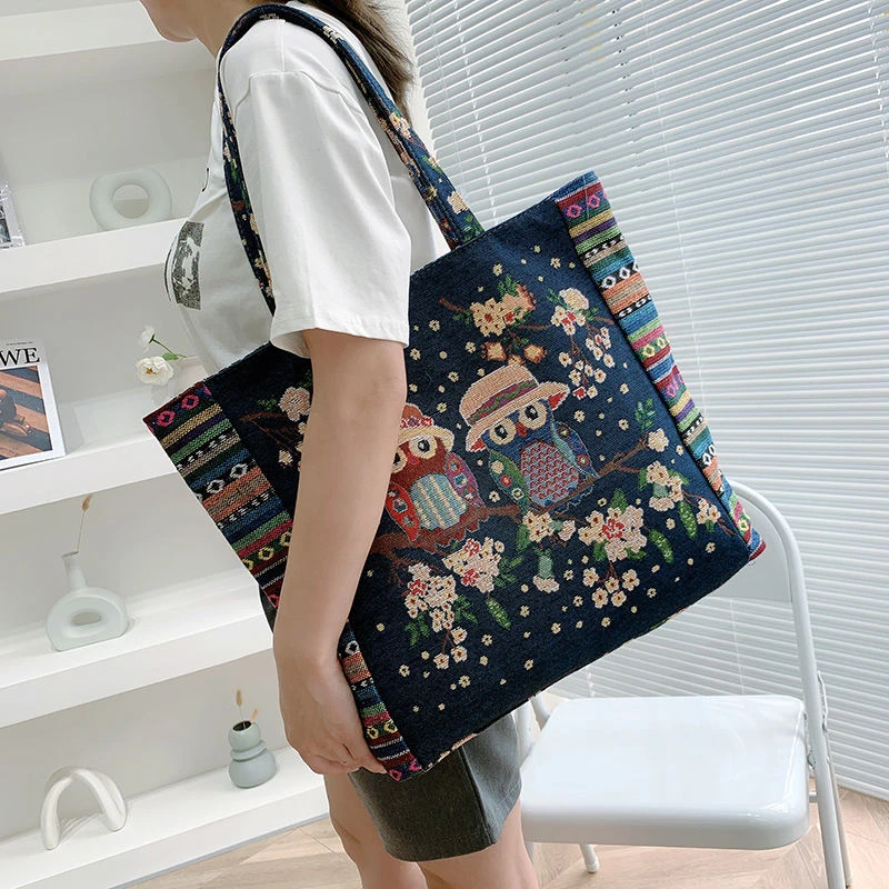2023新款百搭卡通刺绣托特包动物帆布购物袋单肩手提大容量女包