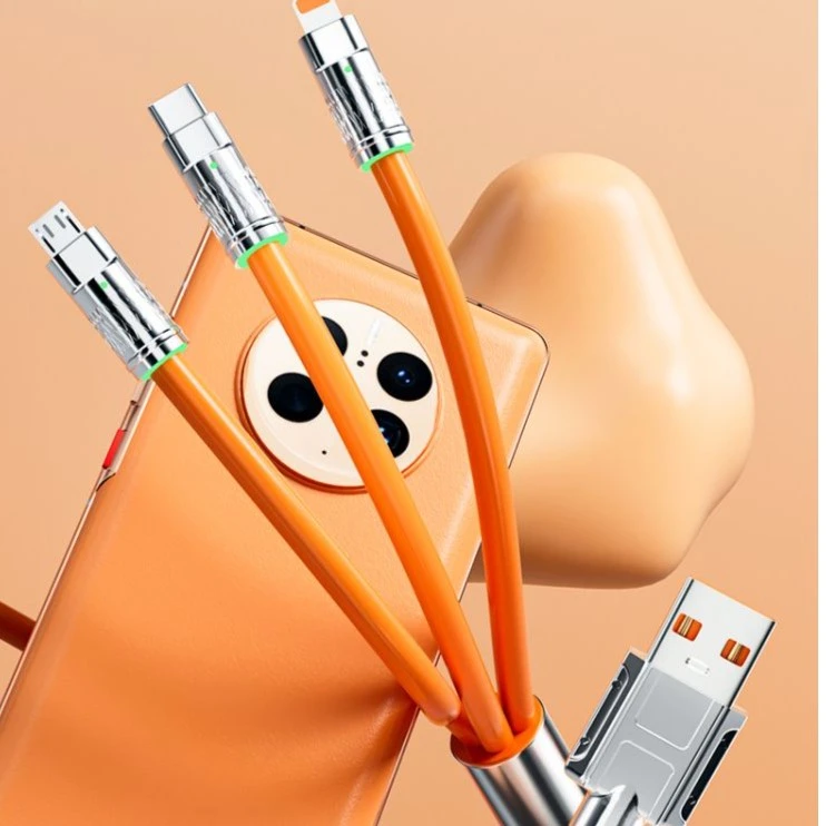 快充充电线三合一超软加粗数据线锌合金车用适用typec安卓苹果线