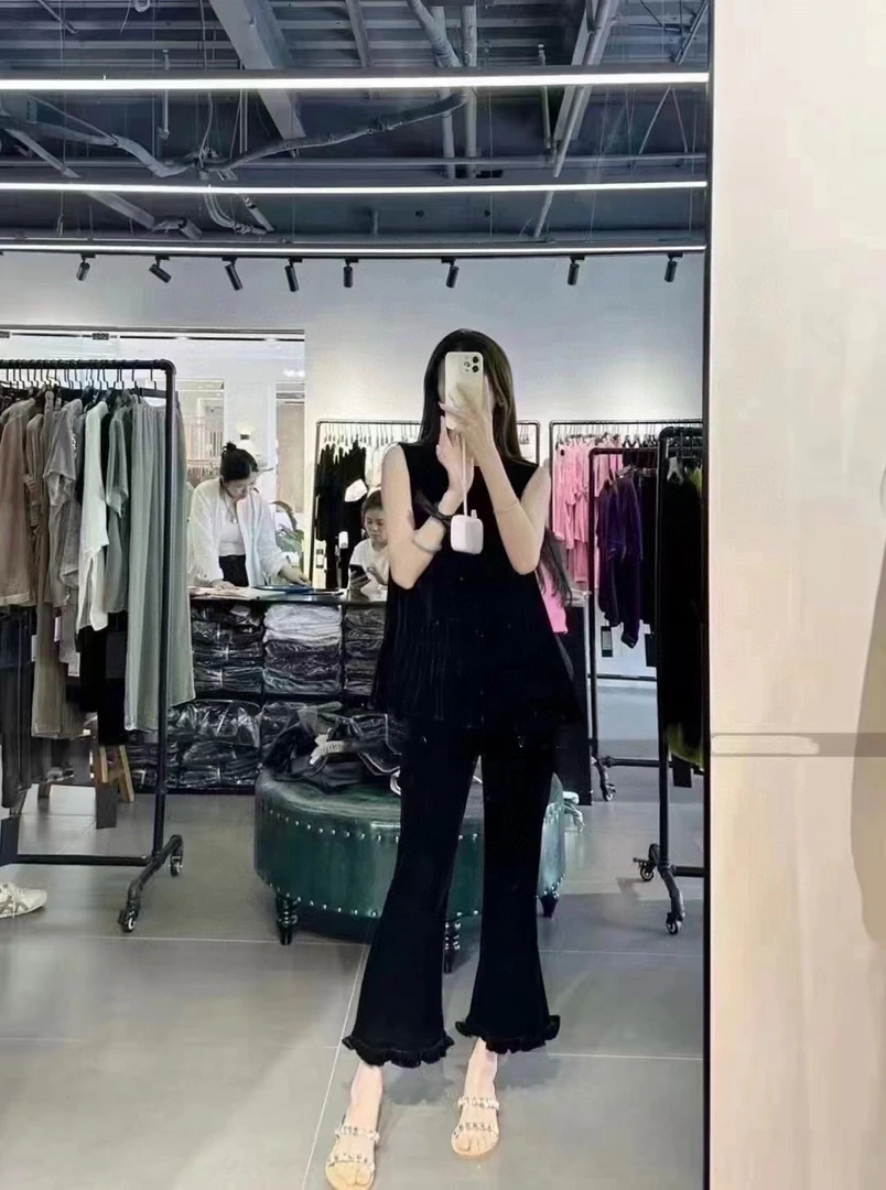 木耳边喇叭弹力腰围洋气8分丝绒裤