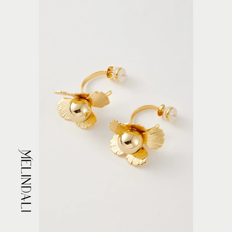 铜合金无非金属耳饰 Melinda Li法式铜镀18K金立体圆球花瓣耳钉