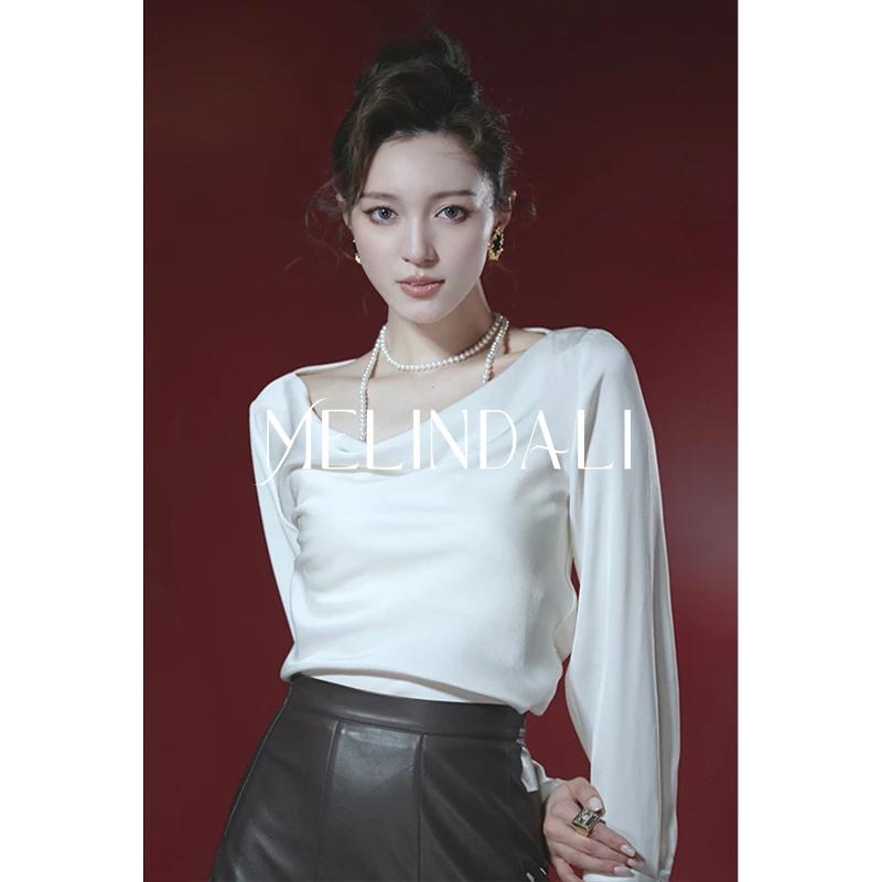 Melinda Li【长乐未央】新款知性法式优雅一字领荡领长袖衬衫上衣