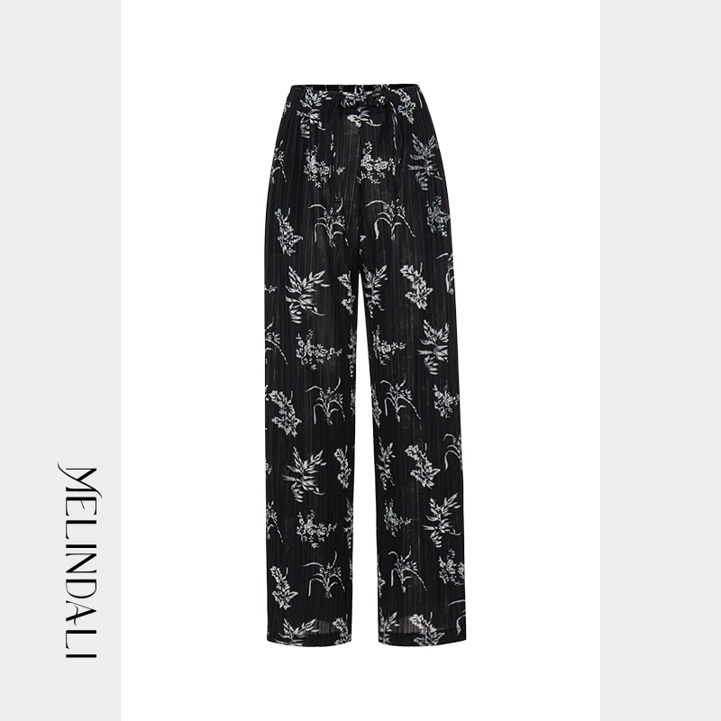 Melinda Li【君子如玉】新中式印花褶皱盘扣松紧腰百搭空气裤直筒裤