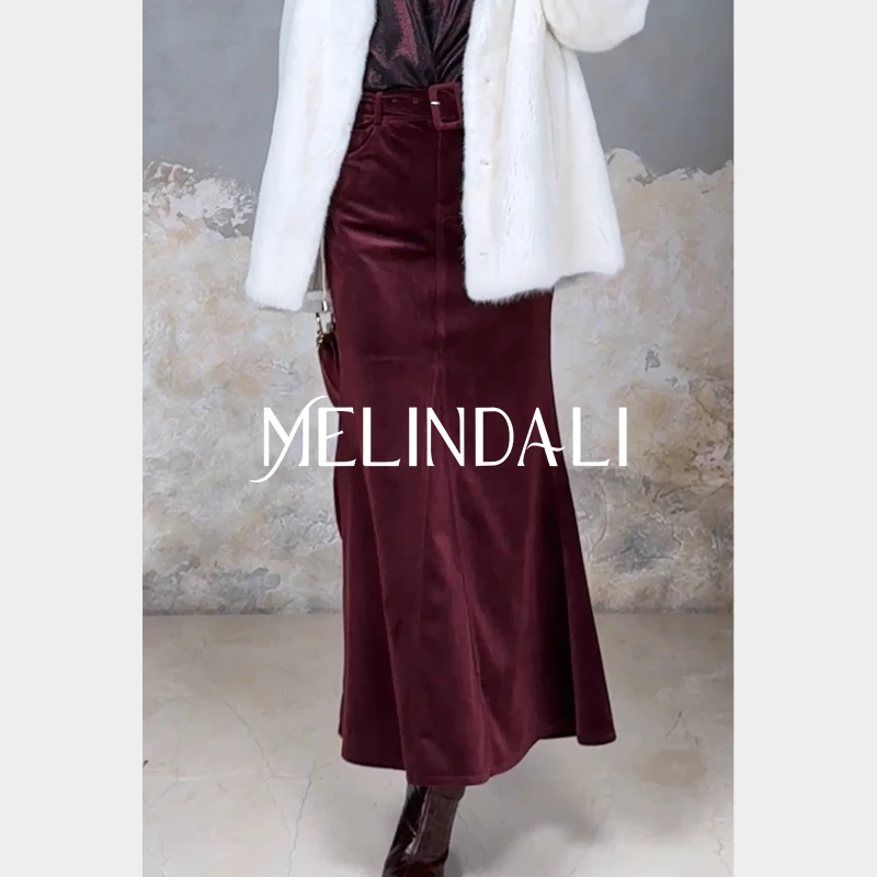 Melinda Li【可可人鱼】早秋老钱风灯芯绒后开叉本布腰带鱼尾半裙