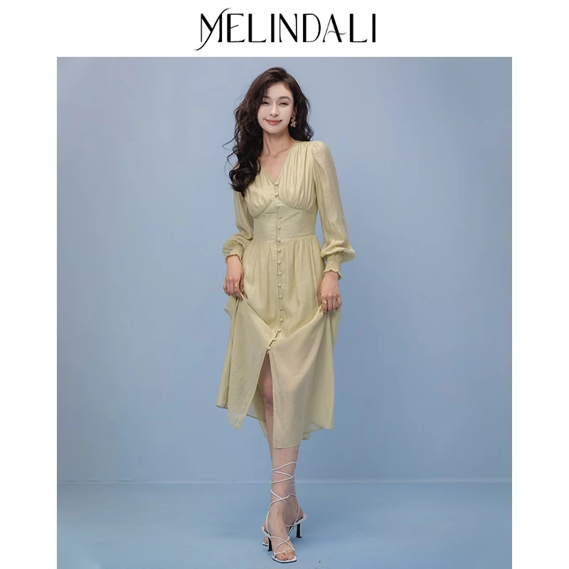 Melinda Li春季收腰v领轻奢长袖连衣裙春夏氛围感连衣裙