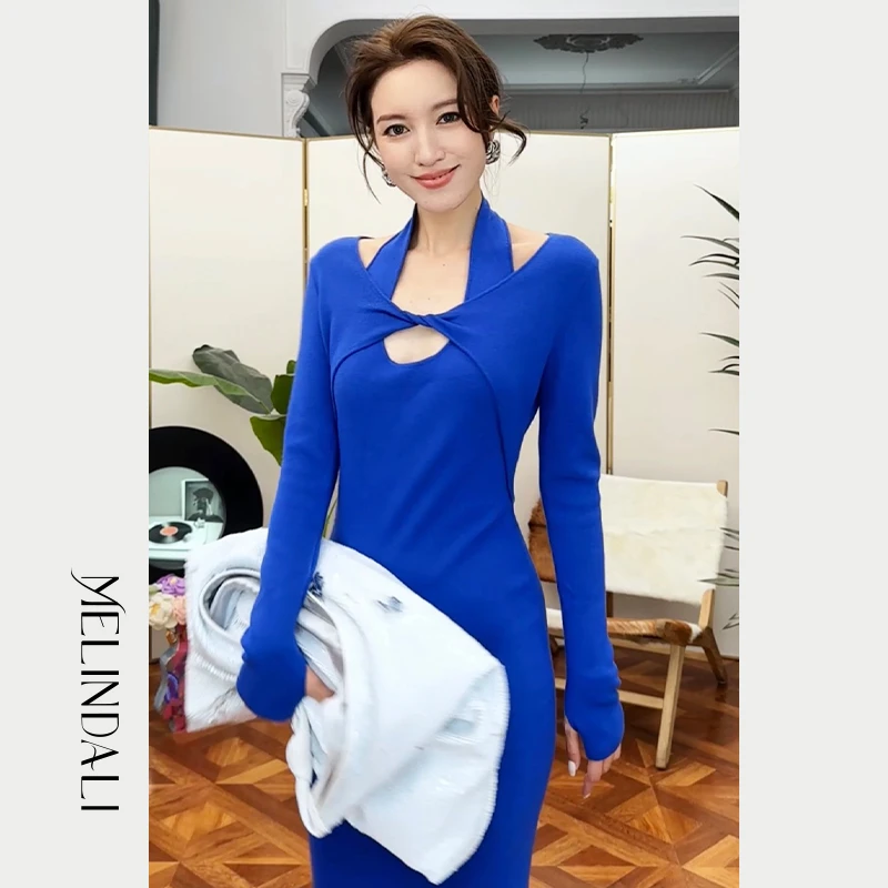 MelindaLi领口扭结修身连衣裙复古针织黑色时尚长袖