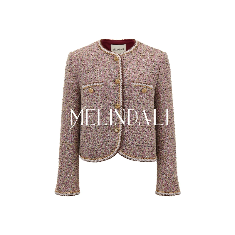 Melinda Li【瑰丽小香】早秋轻奢花纱金银丝珠片粗花呢小香风短外套