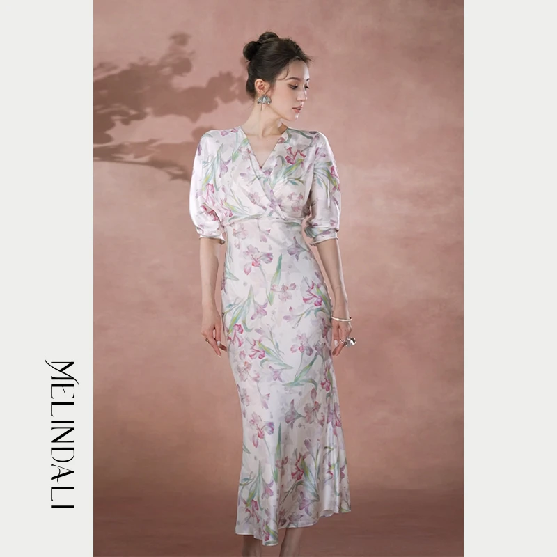 Melinda Li【绿意鸢尾】早秋轻奢16MM桑蚕丝鸢尾印花长袖茶歇连衣裙