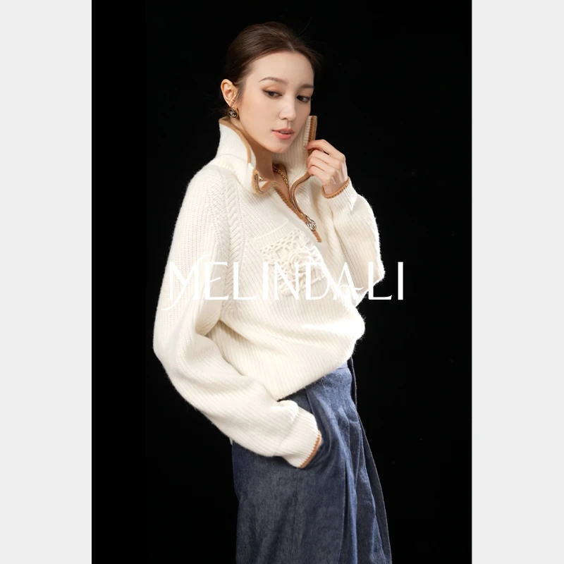 Melinda Li【松弛有趣】法式慵懒风绵羊毛镂空手钩花半拉链翻领毛衣