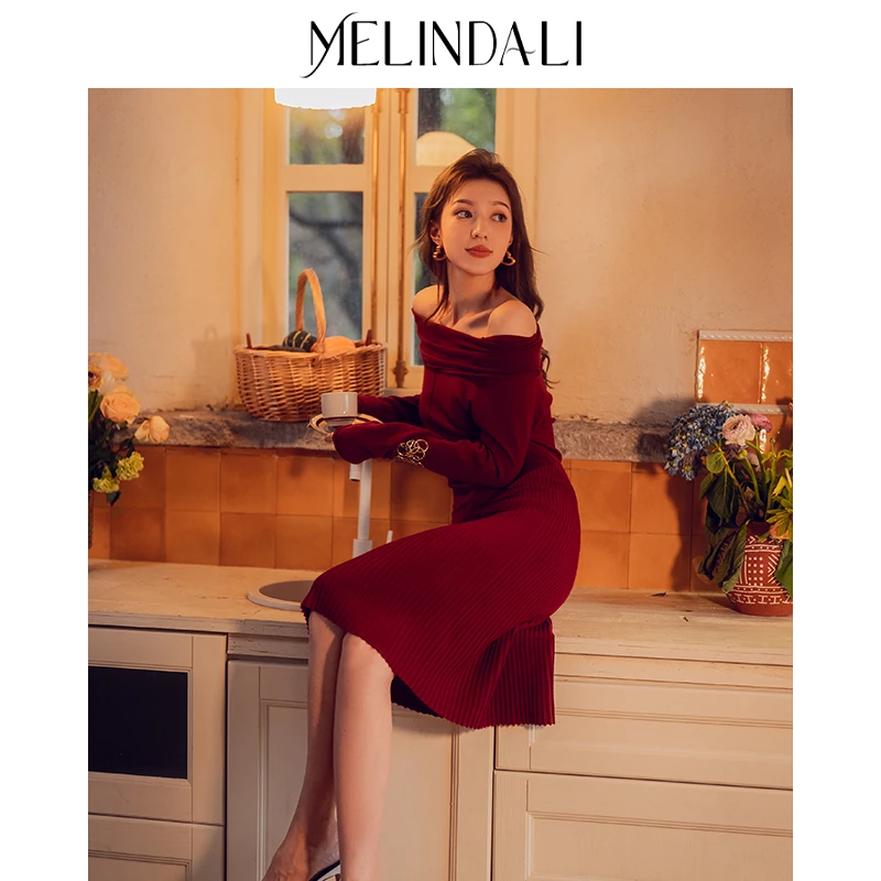 MelindaLi一字肩连衣裙复古女装羊毛针织长袖法式秋冬