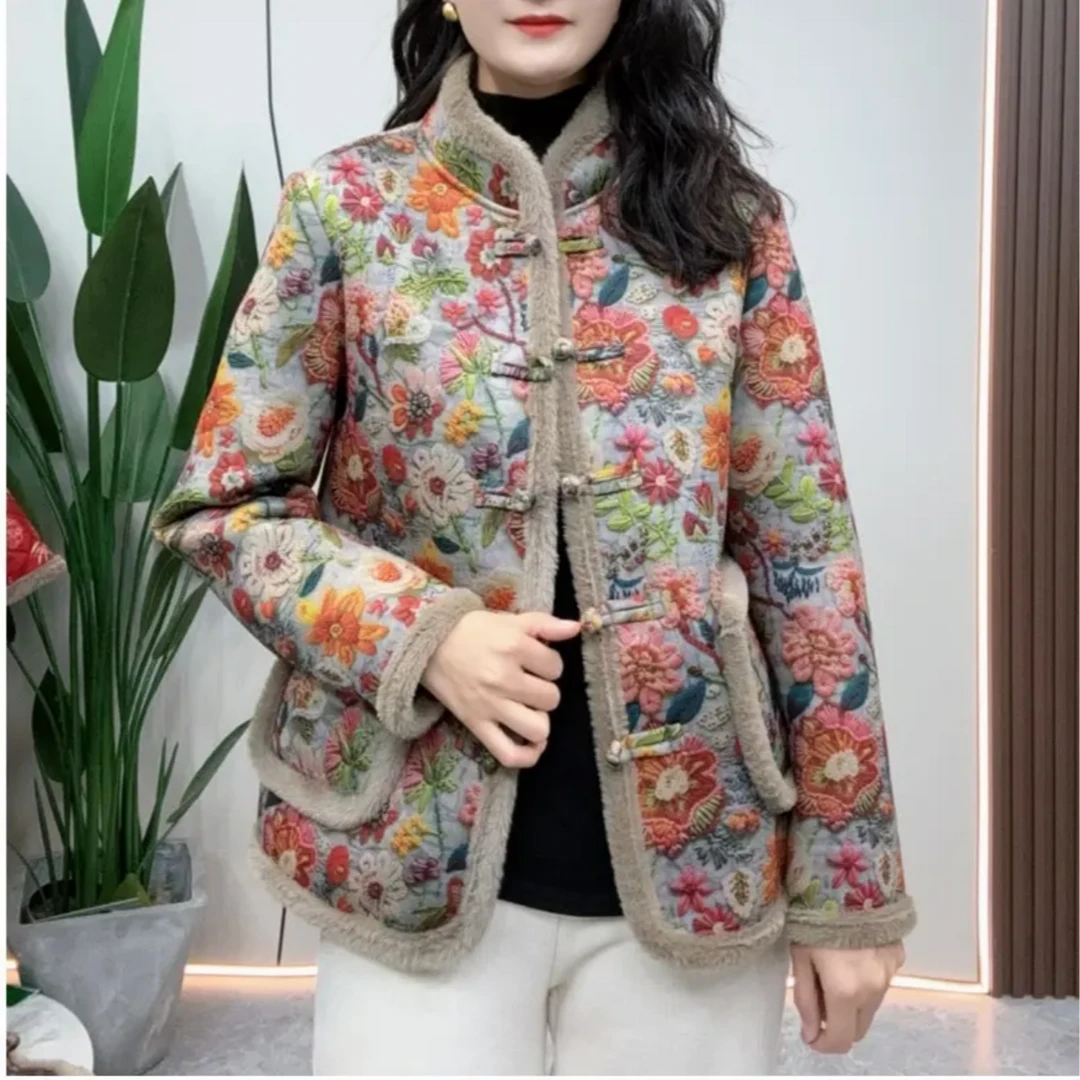 2024冬季新款加绒新中式盘扣碎花棉衣时尚百搭中老年妈妈装厚外套