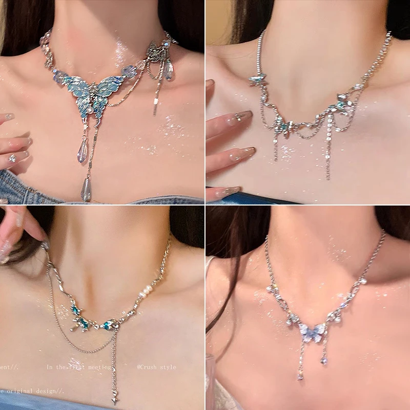 湖蓝色液态蝴蝶项链年新款轻奢小众设计高级配饰新款女配裙子