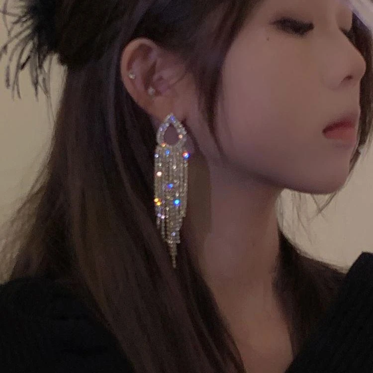 合金耳饰 时尚夸张大牌奢华满钻长流苏耳环女气质百搭晚宴耳饰