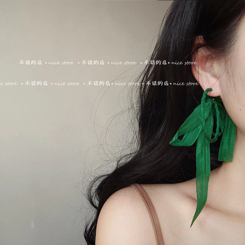铜合金布艺耳饰 森系网纱蝴蝶结耳环法式绿色圆圈布艺耳圈耳钉