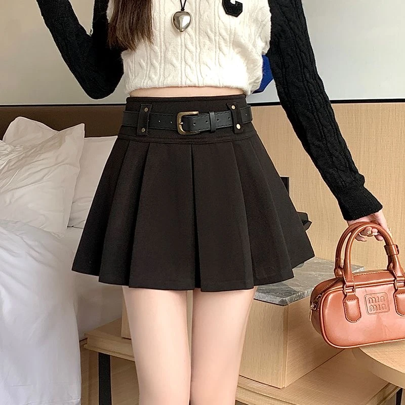 下单编码1001-1050冬季韩版显瘦高腰百搭辣妹性感黑色A字毛妮短裙