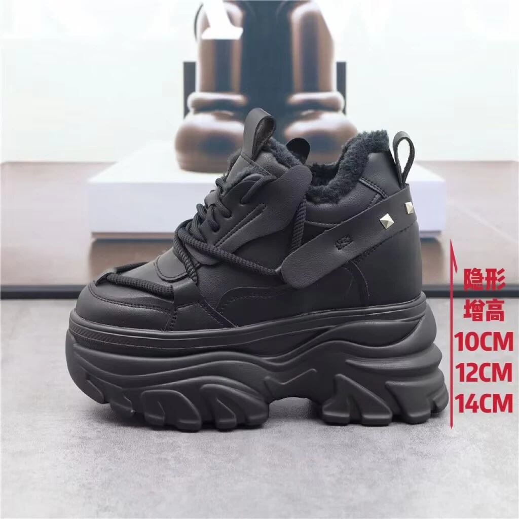 加绒厚底14CM黑色老爹鞋女秋冬12cm运动休闲小个子内增高10cm单鞋