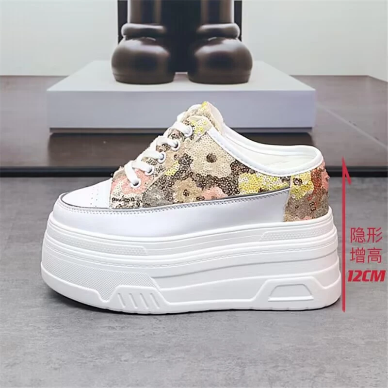 增高12CM亮片半拖鞋女夏季透气外穿无后跟一脚蹬厚底10cm凉拖鞋子