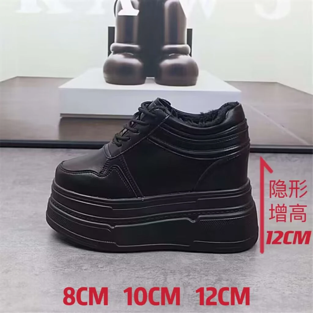 加绒全黑12公分内增高女鞋新款小个子10CM黑色皮鞋厚底增高松糕鞋